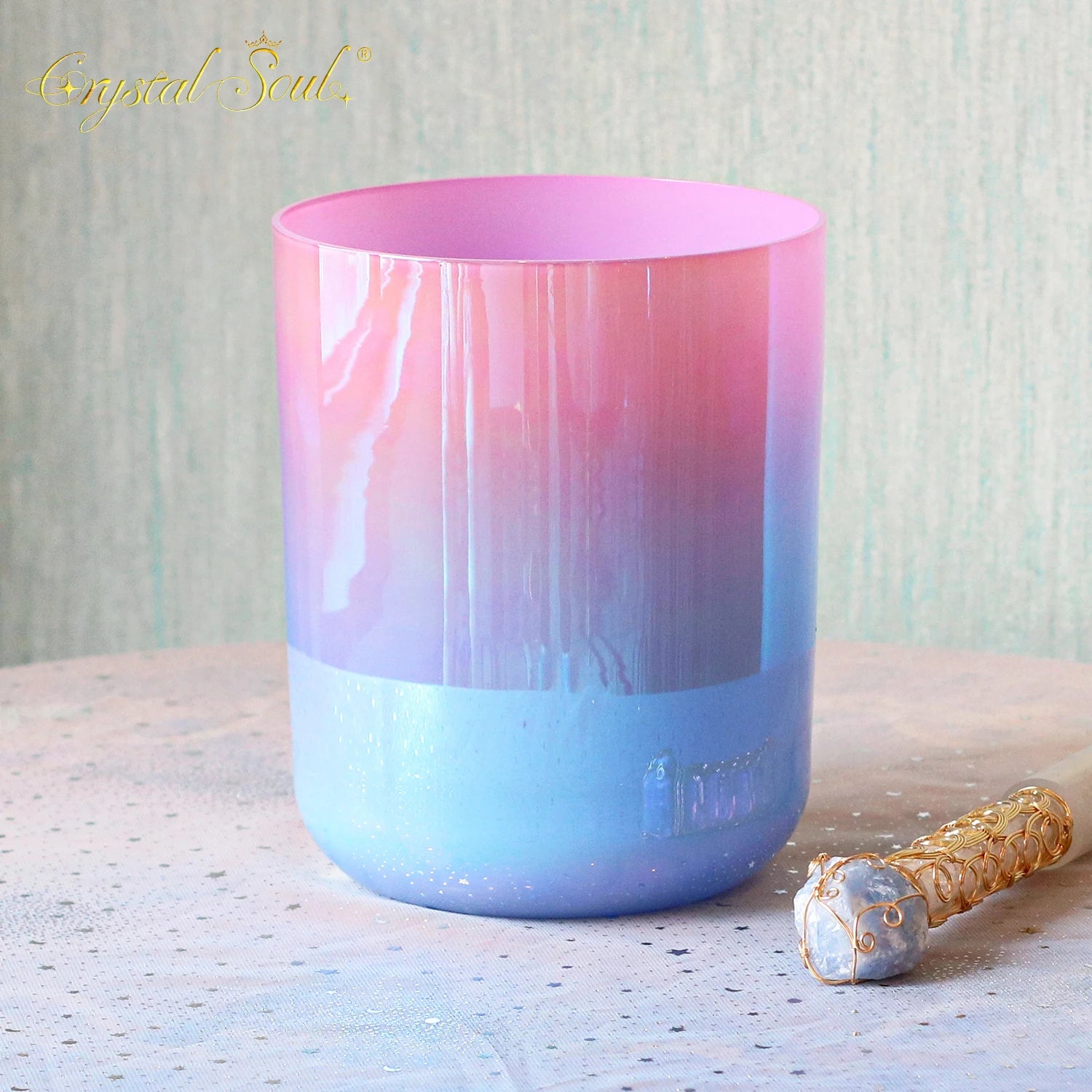 CrystalSoul 432Hz Pink Ocean Powder Blue Gradient Clear Alchemy Crystal Bowl with Accessories-ToShay.org