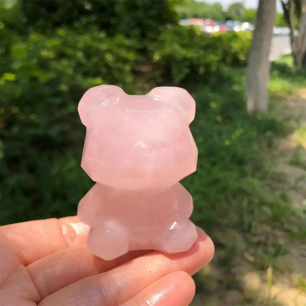 Natural Rose Quartz Bear Statue Cartoon Faceted Carving Animal Healing Mineral Polished Home Decor Ornament Figurine-ToShay.org