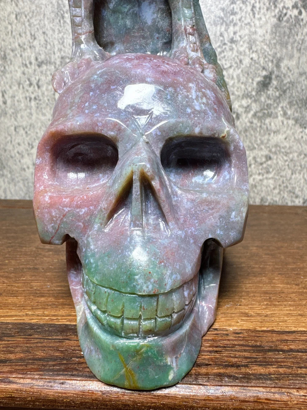 Natural Hand Carved Big Colourful Ocean Jasper Skull Phoenix Carvings Unique Stone Healing Crystal Reiki Home Scene Decoration-ToShay.org