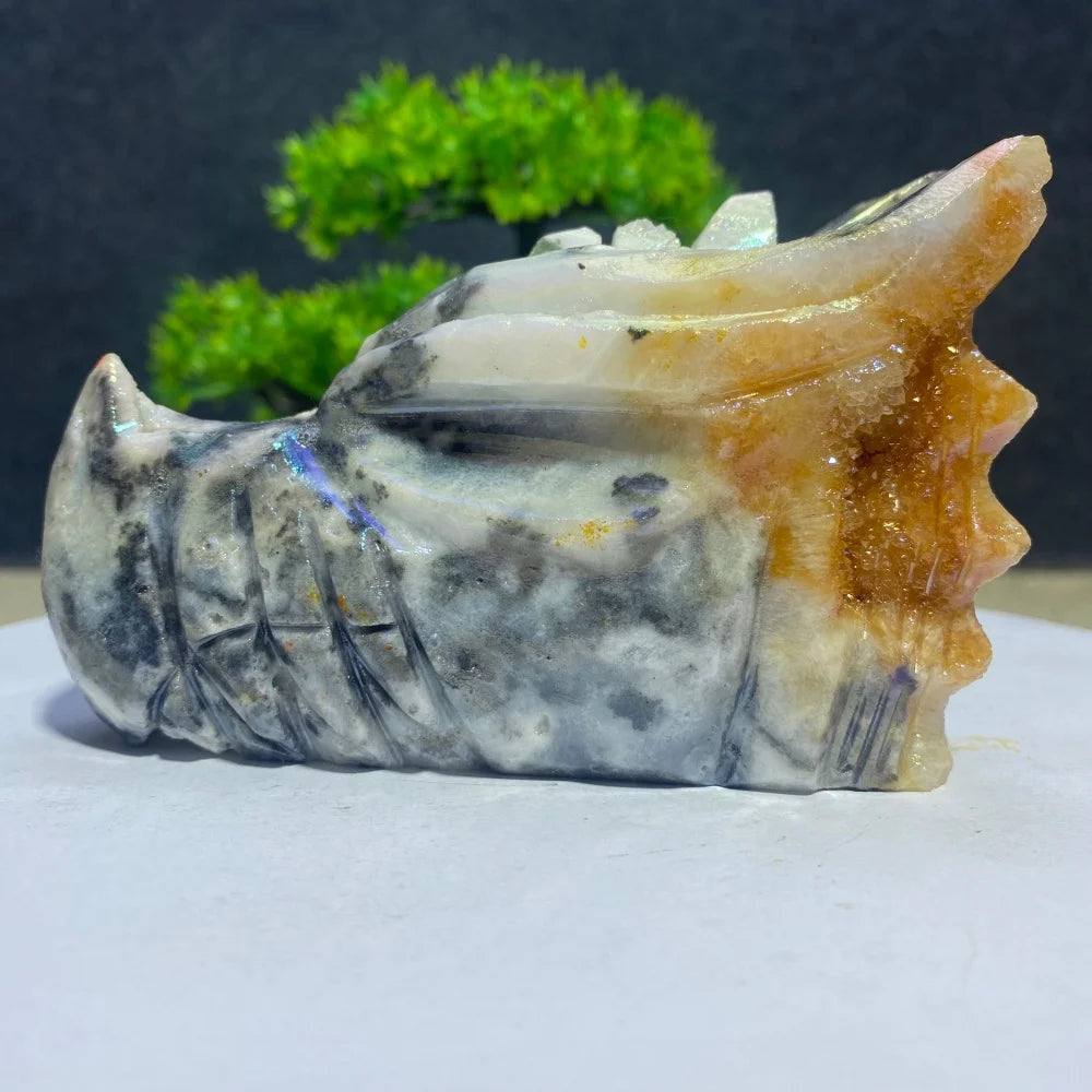 Natural Crystal Sphalerite Electroplate Quartz Dragon Head Skull Figurine Mineral Specimen Hand Engraving Room Decoration Gift-ToShay.org