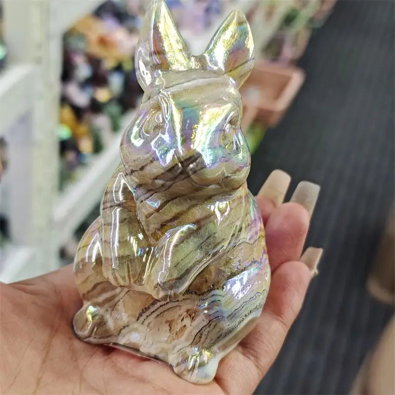 Natural Aura Calcite Quartz Rabbit Carving Healing Stone Tabletop Ornament Home Decor Children Holiday Gift 1PCS-ToShay.org