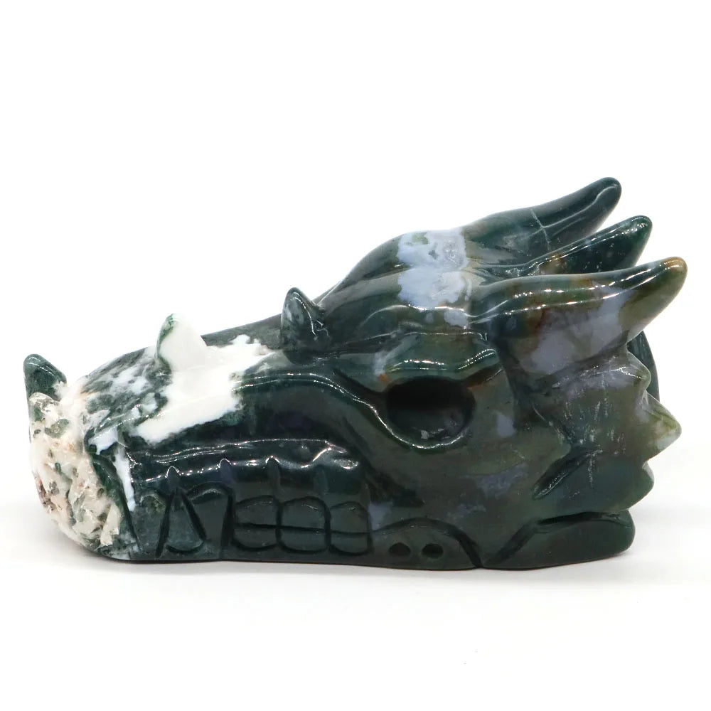 4.1" Dragon Head Statue Natural Stone Green Moss Agate Reiki Healing Crystal Hand Carved Gemstone Figurine Feng Shui Home Decor-ToShay.org