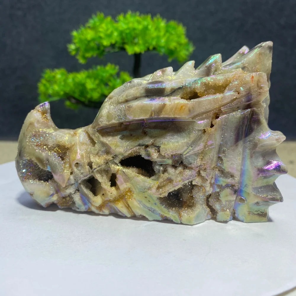 Natural Crystal Sphalerite Electroplate Quartz Dragon Head Skull Figurine Mineral Specimen Hand Engraving Room Decoration Gift-ToShay.org