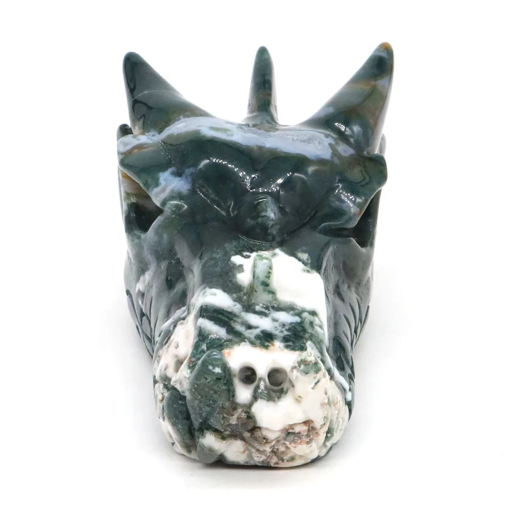 4.1" Dragon Head Statue Natural Stone Green Moss Agate Reiki Healing Crystal Hand Carved Gemstone Figurine Feng Shui Home Decor-ToShay.org