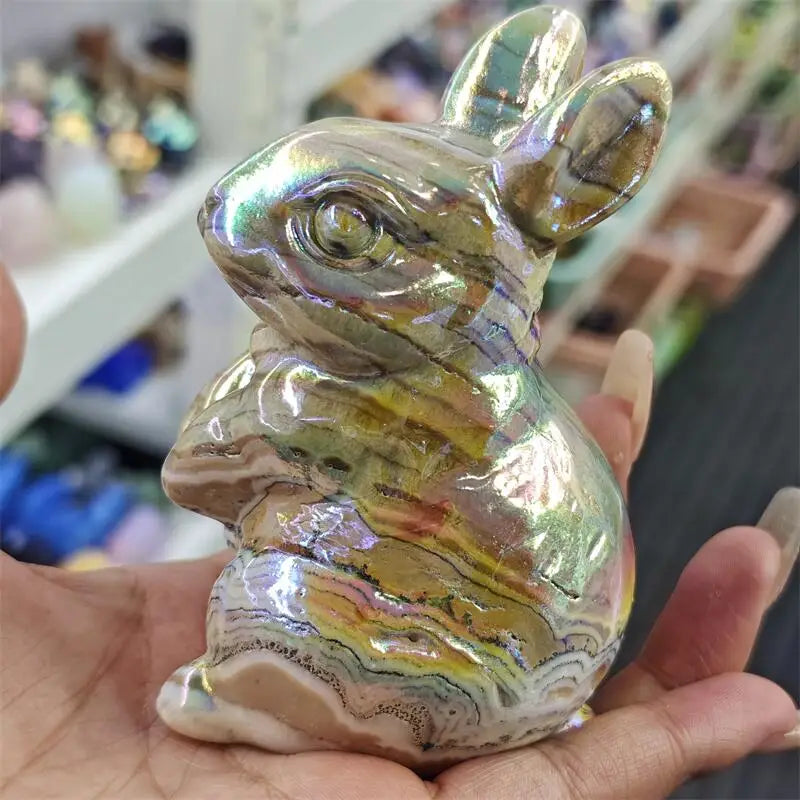 Natural Aura Calcite Quartz Rabbit Carving Healing Stone Tabletop Ornament Home Decor Children Holiday Gift 1PCS-ToShay.org