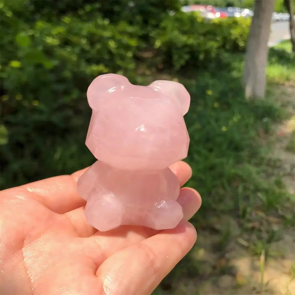 Natural Rose Quartz Bear Statue Cartoon Faceted Carving Animal Healing Mineral Polished Home Decor Ornament Figurine-ToShay.org