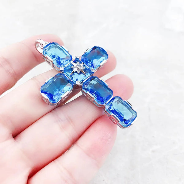 Blue Aquamarine Cross Pendant-ToShay.org