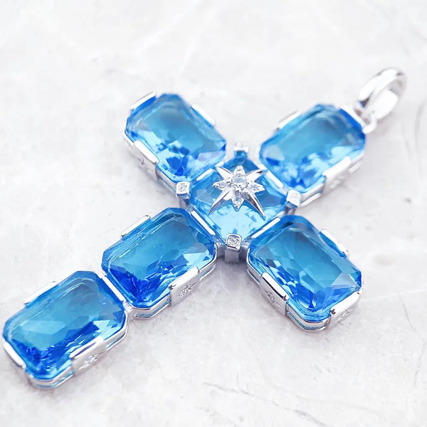 Blue Aquamarine Cross Pendant-ToShay.org
