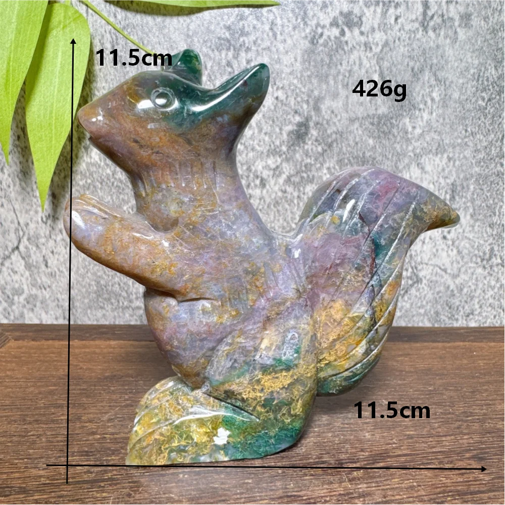 Natural Ocean Jasper Moss Agate Squirrel Carving Healing Stone Tabletop Ornament Reiki Energy Healing Home Decor Gift-ToShay.org