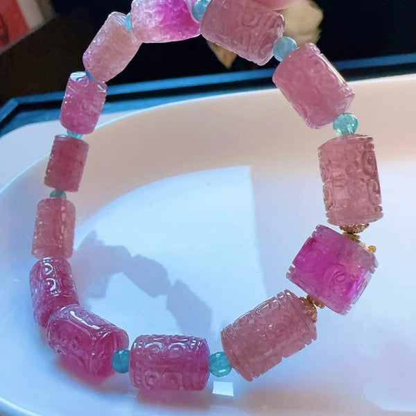 Pink Tourmaline Carved Bracelet-ToShay.org