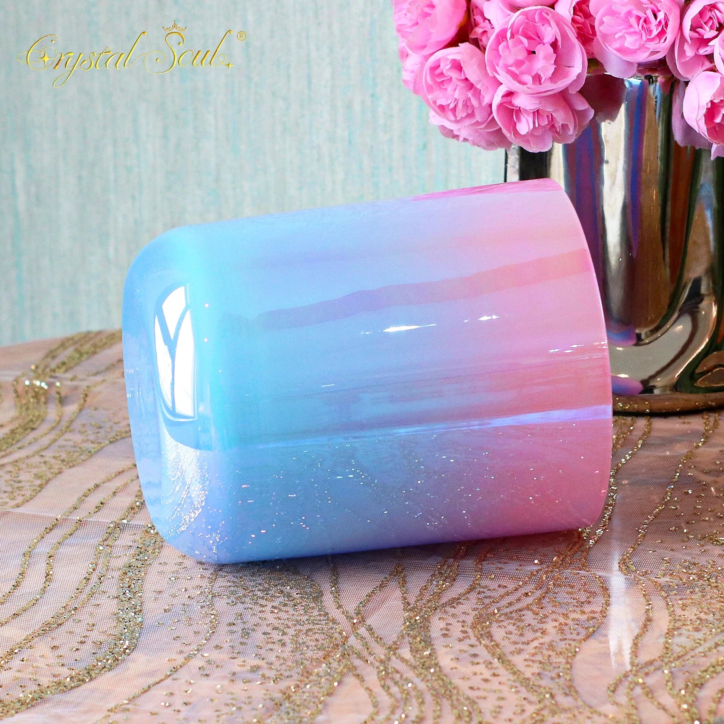 CrystalSoul 432Hz Pink Ocean Powder Blue Gradient Clear Alchemy Crystal Bowl with Accessories-ToShay.org