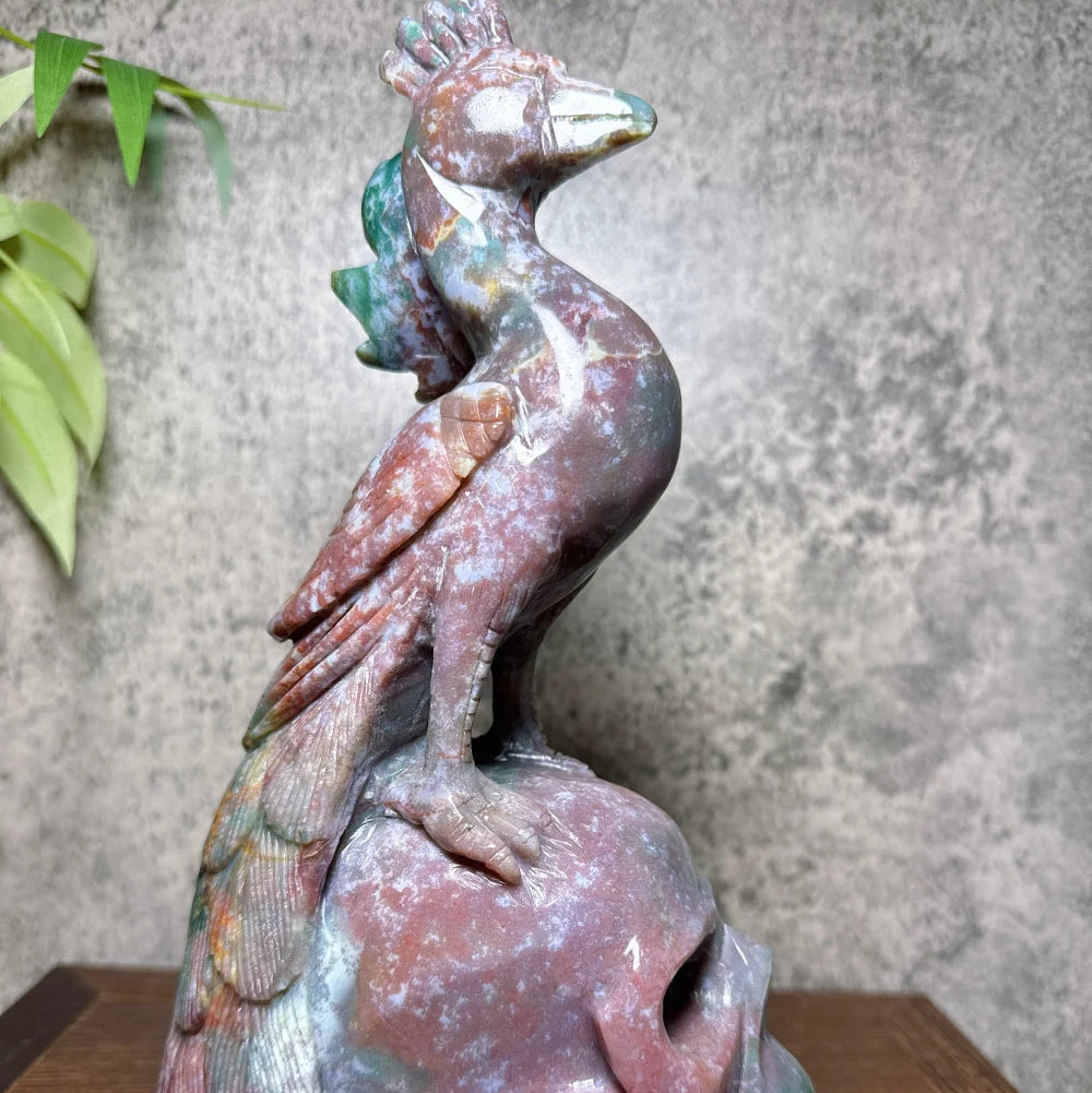 Natural Hand Carved Big Colourful Ocean Jasper Skull Phoenix Carvings Unique Stone Healing Crystal Reiki Home Scene Decoration-ToShay.org