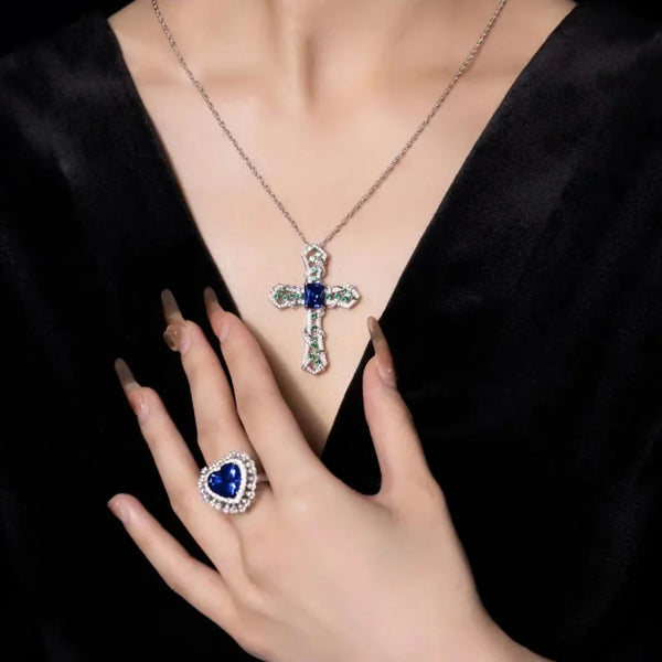 Sapphire Diamond Cross Pendant-ToShay.org