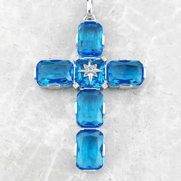 Blue Aquamarine Cross Pendant-ToShay.org