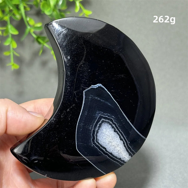 Natural Gemstone Black Agate Moon-Shaped Mineral Specimen Reiki Therapy Energy Collection Jiapin Home Decoration Gift-ToShay.org