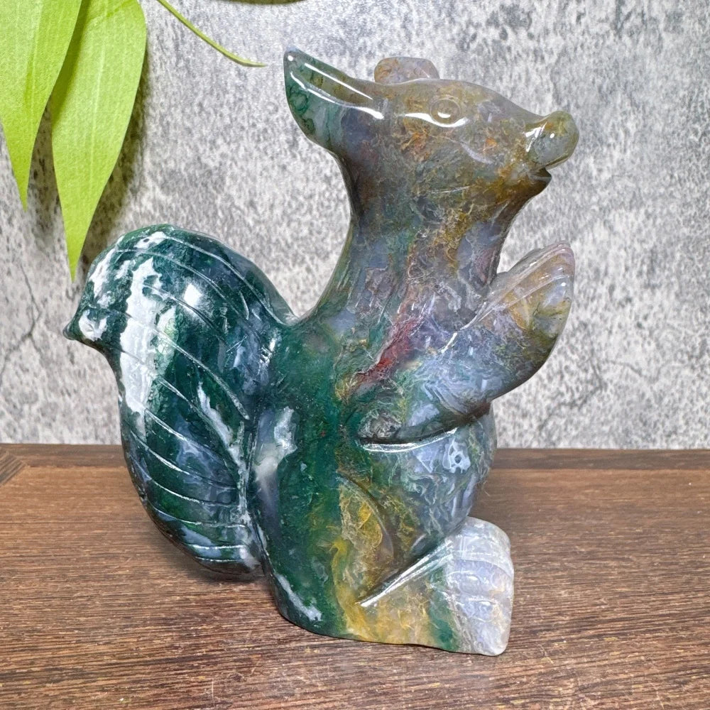 Natural Ocean Jasper Moss Agate Squirrel Carving Healing Stone Tabletop Ornament Reiki Energy Healing Home Decor Gift-ToShay.org