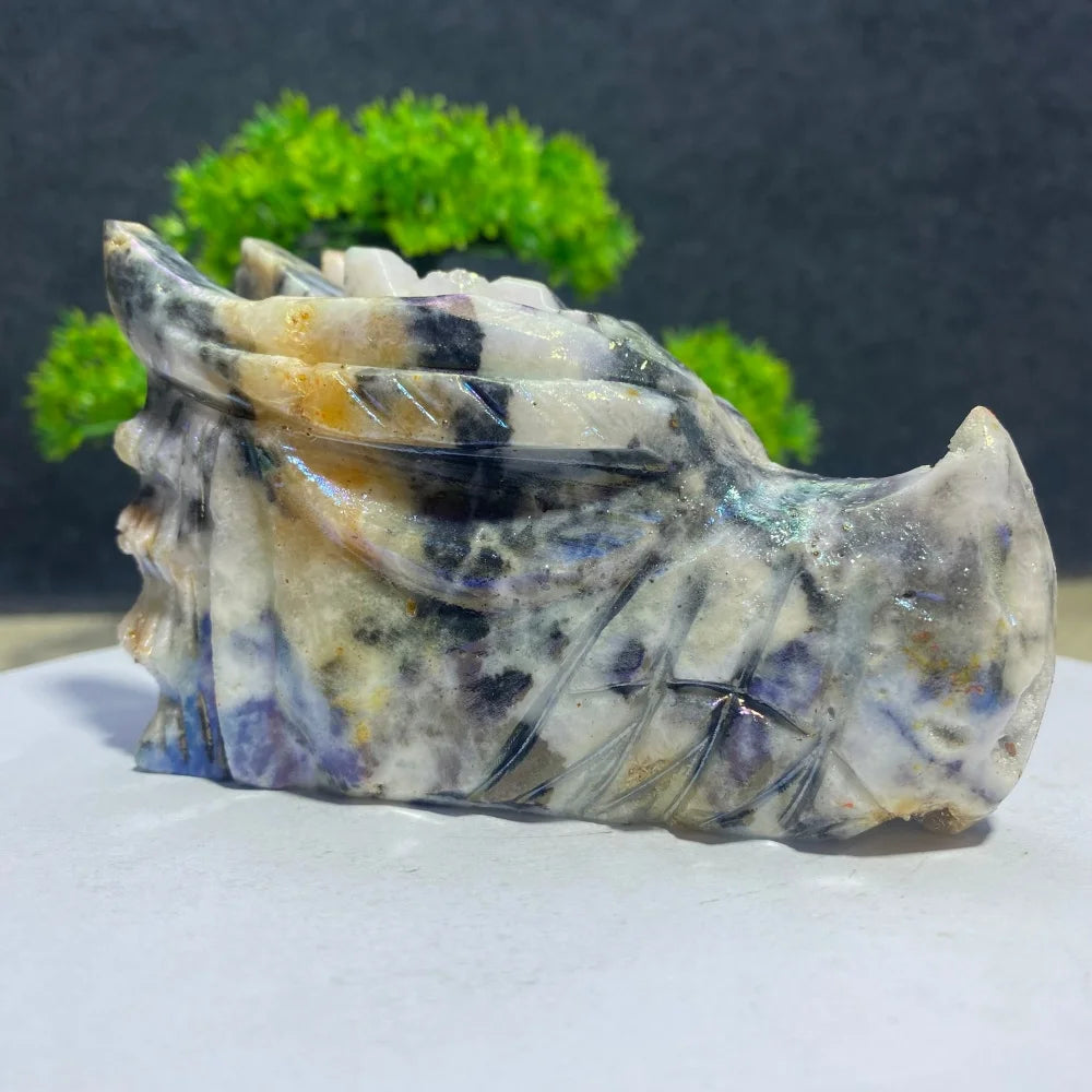 Natural Crystal Sphalerite Electroplate Quartz Dragon Head Skull Figurine Mineral Specimen Hand Engraving Room Decoration Gift-ToShay.org