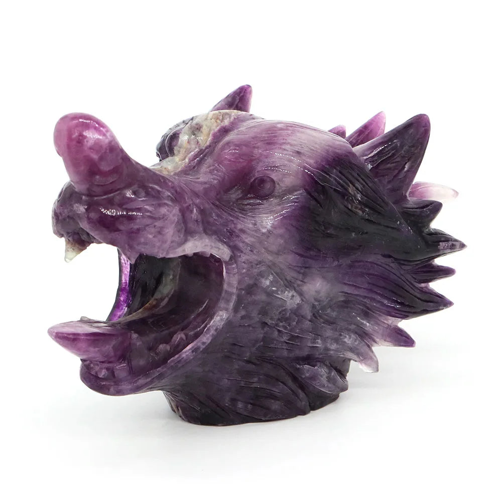5.5" Wolf Head Natural Fluorite Reiki Healing Gemstone Carved Stone Animal Figurine Feng Shui Crafts Home Office Decoration Gift-ToShay.org