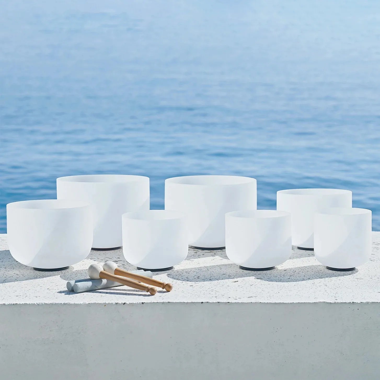 Crystal Soul 432Hz 7-13 inch White Frosted Crystal Singing Bowl Set 7 pcs with Bag and Accessories-ToShay.org