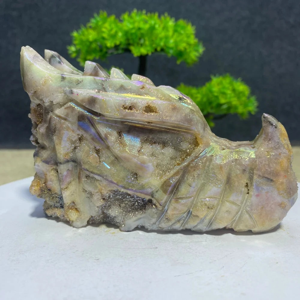 Natural Crystal Sphalerite Electroplate Quartz Dragon Head Skull Figurine Mineral Specimen Hand Engraving Room Decoration Gift-ToShay.org