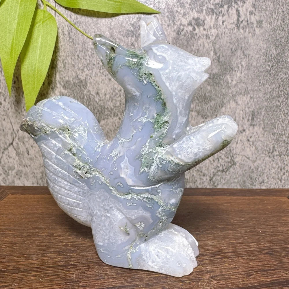 Natural Ocean Jasper Moss Agate Squirrel Carving Healing Stone Tabletop Ornament Reiki Energy Healing Home Decor Gift-ToShay.org
