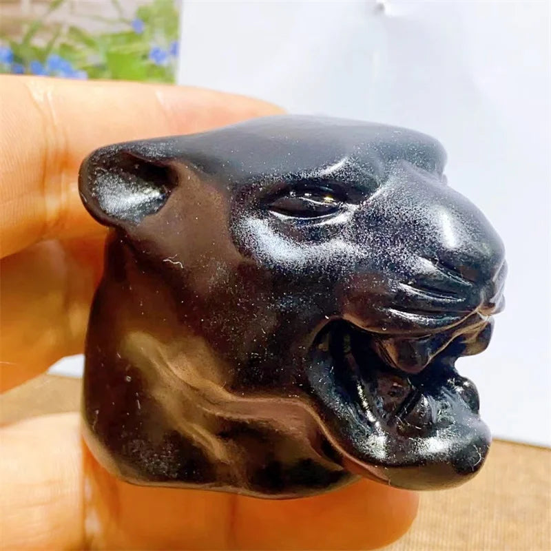 6.5cm Natural Black Obsidian Panther Head Crystal Carving Animal Healing Gemstone Figurines Reiki Room Home Decoration Gift 1pcs-ToShay.org