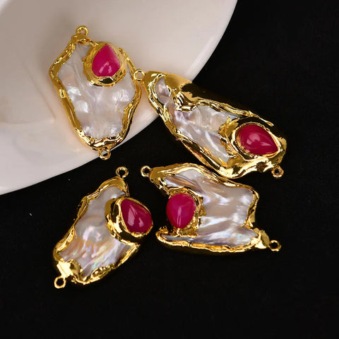 APDGG 4 Pcs Big Natural Mix Color Baroque Mabe Pearl With Red Jade Gold Edged Nugget Connector Pendant Jewelry DIY-ToShay.org