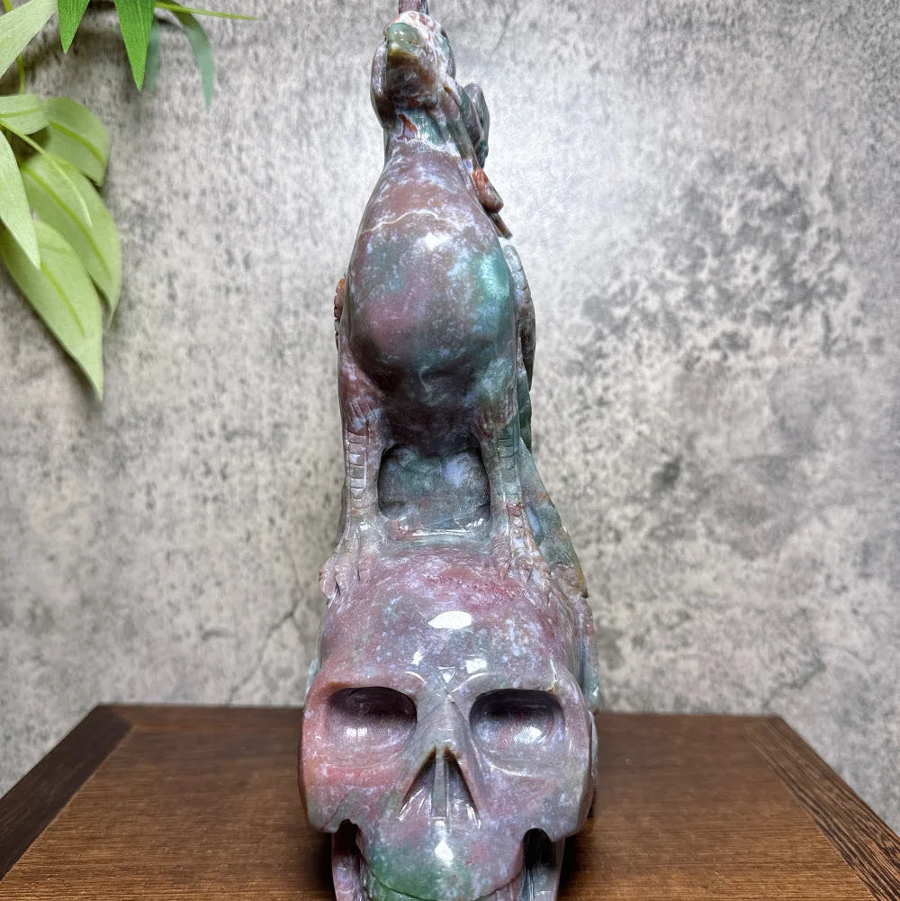 Natural Hand Carved Big Colourful Ocean Jasper Skull Phoenix Carvings Unique Stone Healing Crystal Reiki Home Scene Decoration-ToShay.org