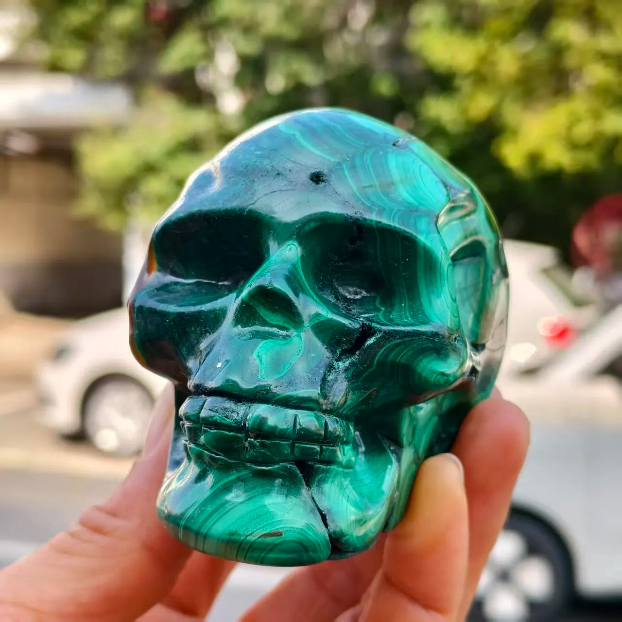 Natural Green Malachite Skull, Quartz Crystal Green Ore, Carved, Skull, Mineral Healing-ToShay.org
