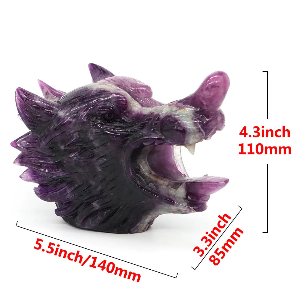 5.5" Wolf Head Natural Fluorite Reiki Healing Gemstone Carved Stone Animal Figurine Feng Shui Crafts Home Office Decoration Gift-ToShay.org