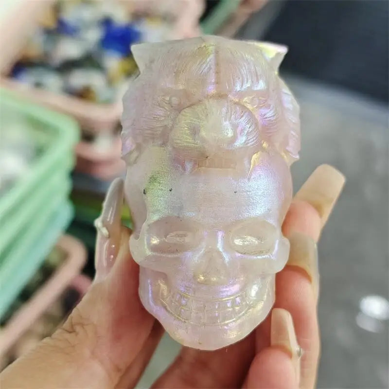 Natural Aura Rose Quartz Tiger And Skull Carving Crystal Crafts Children Birthday Present Fashion Home Decoration Gift 1PCS-ToShay.org