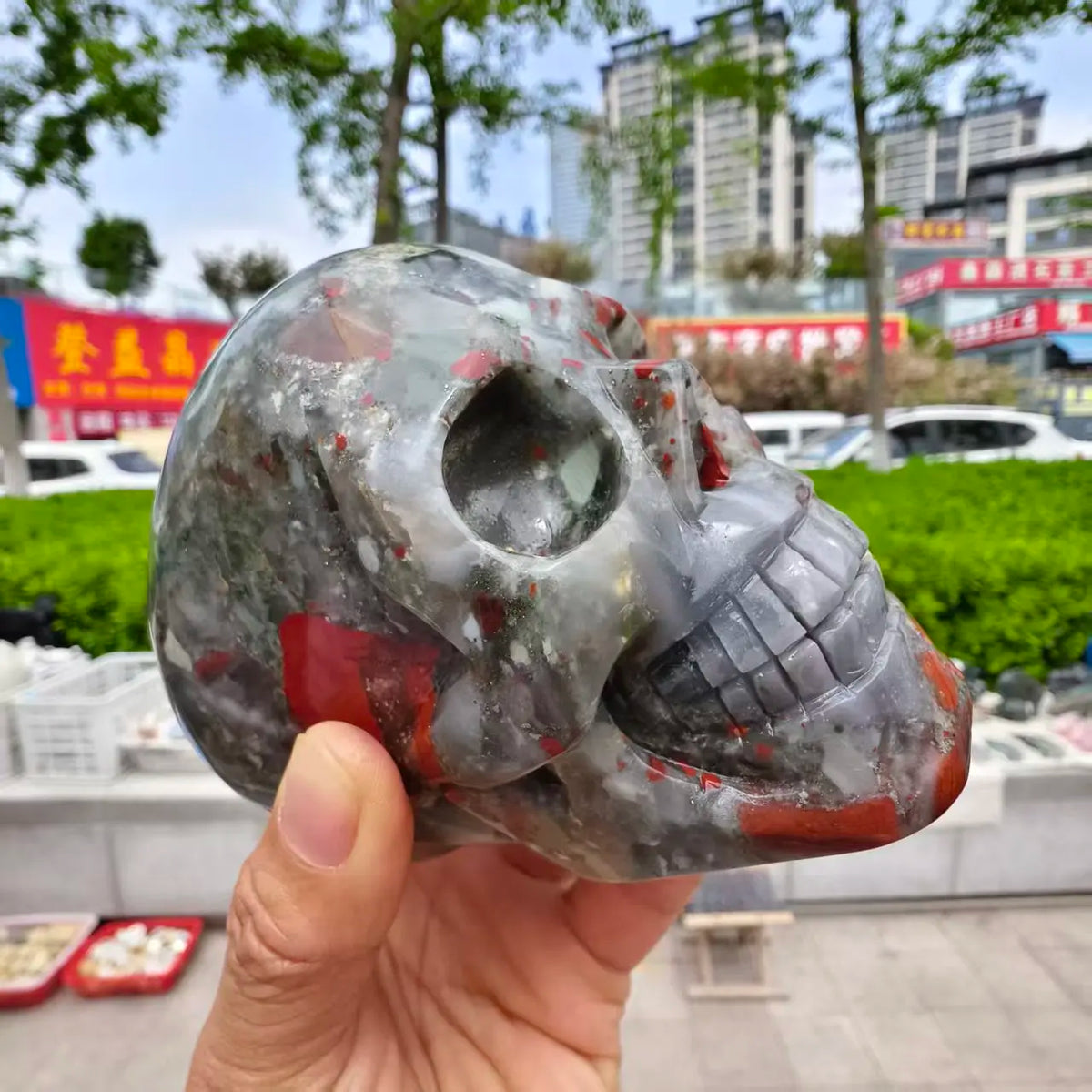 Natural Dragon's Blood Stone Skull, Crystal Quartz Ore Polished Skull, Mineral Healing-ToShay.org