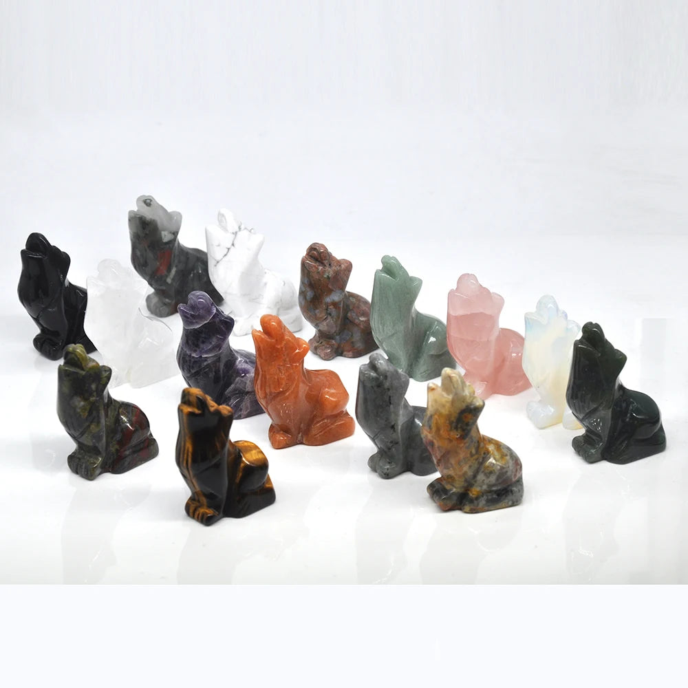 2" Wolf Statue Natural Stone Carved Figure Room Ornament Healing Crystal Reiki Animal Figurine Home Office Desktop Decoration-ToShay.org