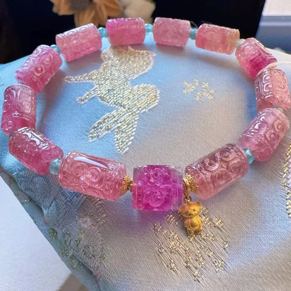 Pink Tourmaline Carved Bracelet-ToShay.org