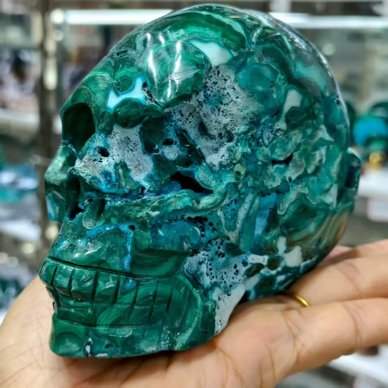 Natural Chrysocolla Crystal Quartz Hand-Carved Skull, For Spiritual Healing, As a Gift, For Decoration, For Meditation, For Feng-ToShay.org