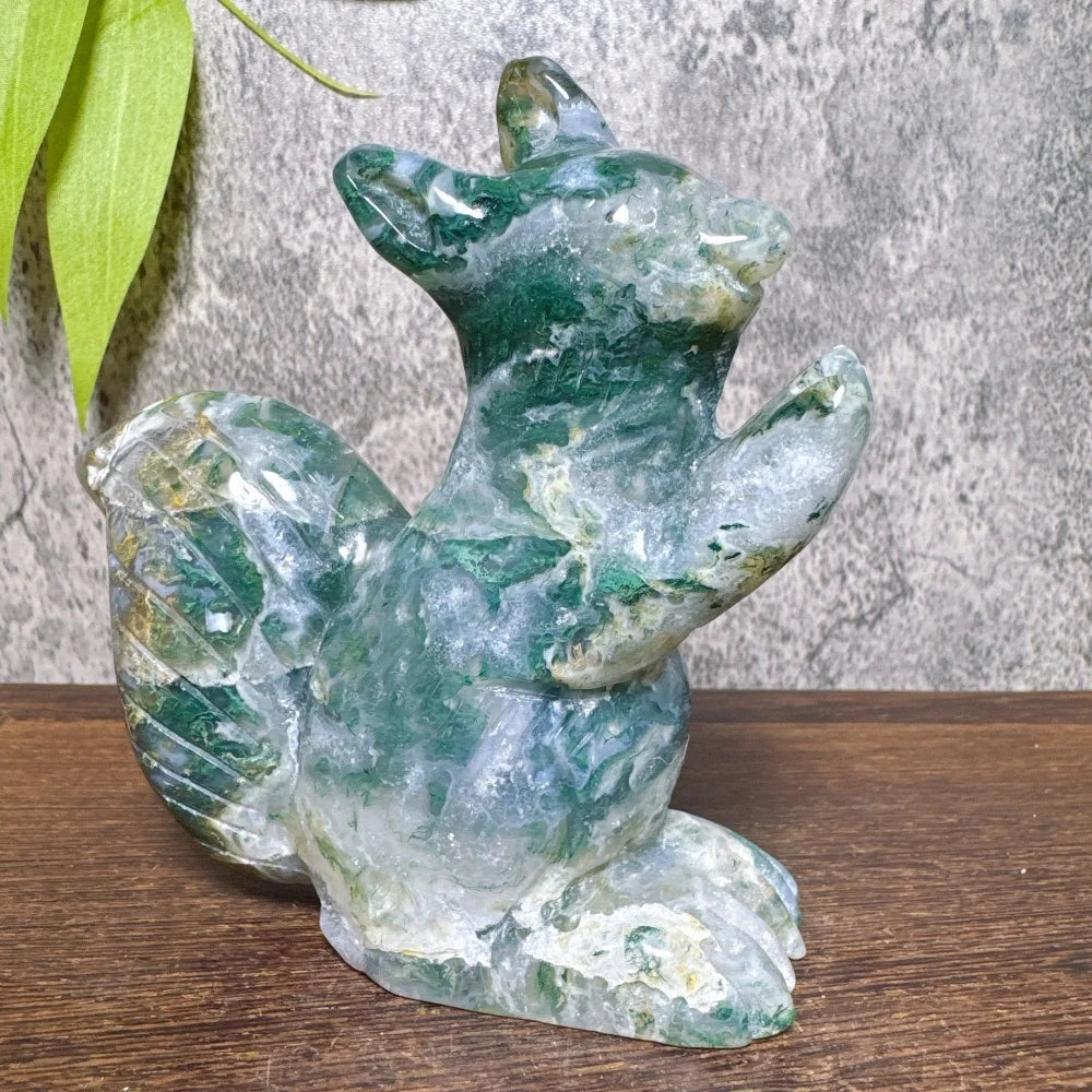 Natural Ocean Jasper Moss Agate Squirrel Carving Healing Stone Tabletop Ornament Reiki Energy Healing Home Decor Gift-ToShay.org