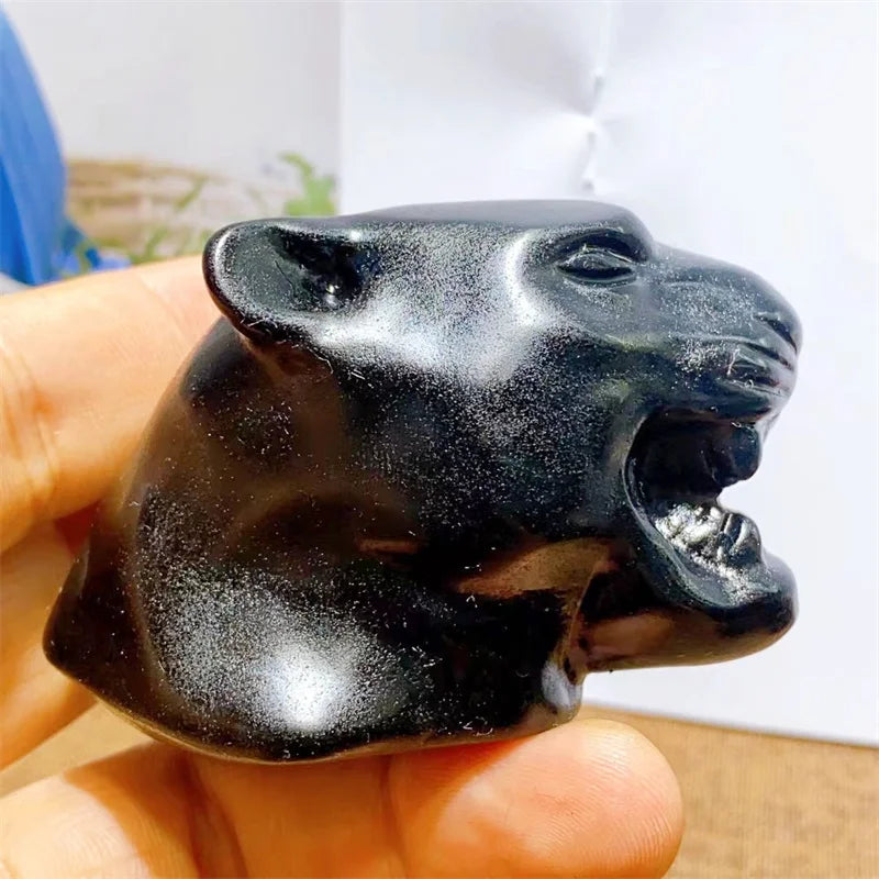 6.5cm Natural Black Obsidian Panther Head Crystal Carving Animal Healing Gemstone Figurines Reiki Room Home Decoration Gift 1pcs-ToShay.org