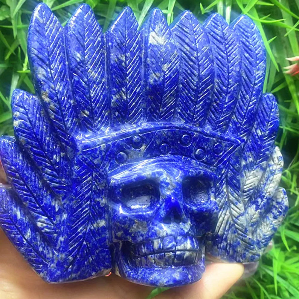 Natural quartz crystal cyanite hand carved feather skull chakra home decor-ToShay.org