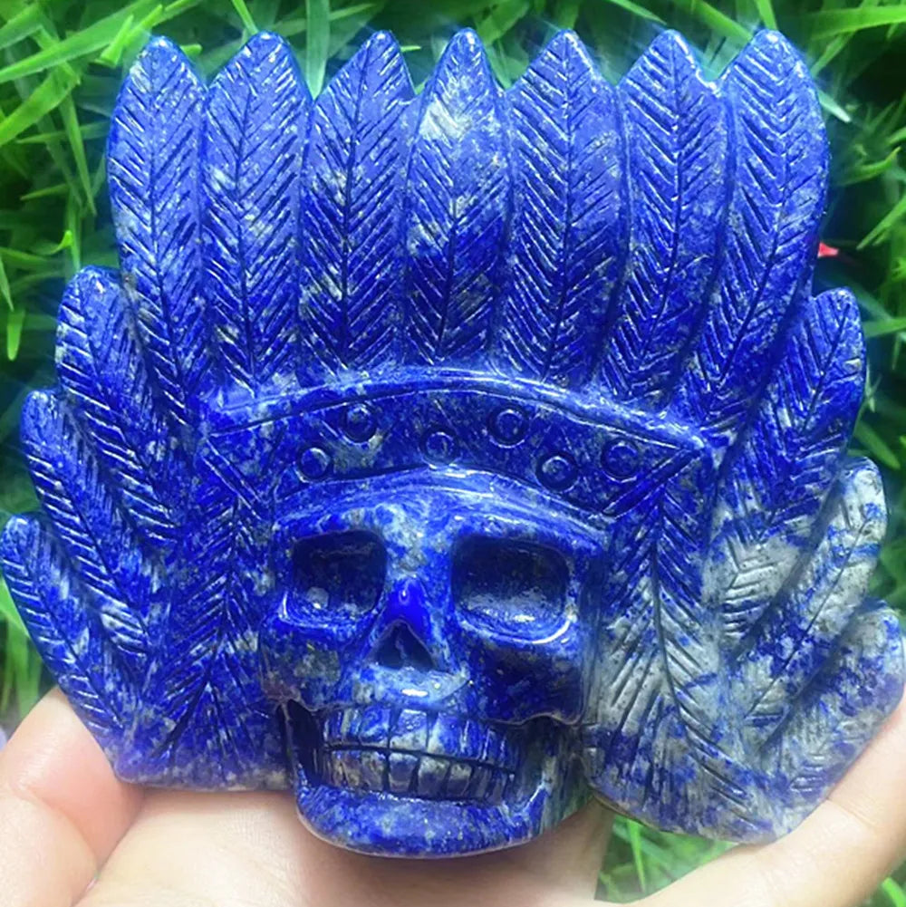 Natural quartz crystal cyanite hand carved feather skull chakra home decor-ToShay.org