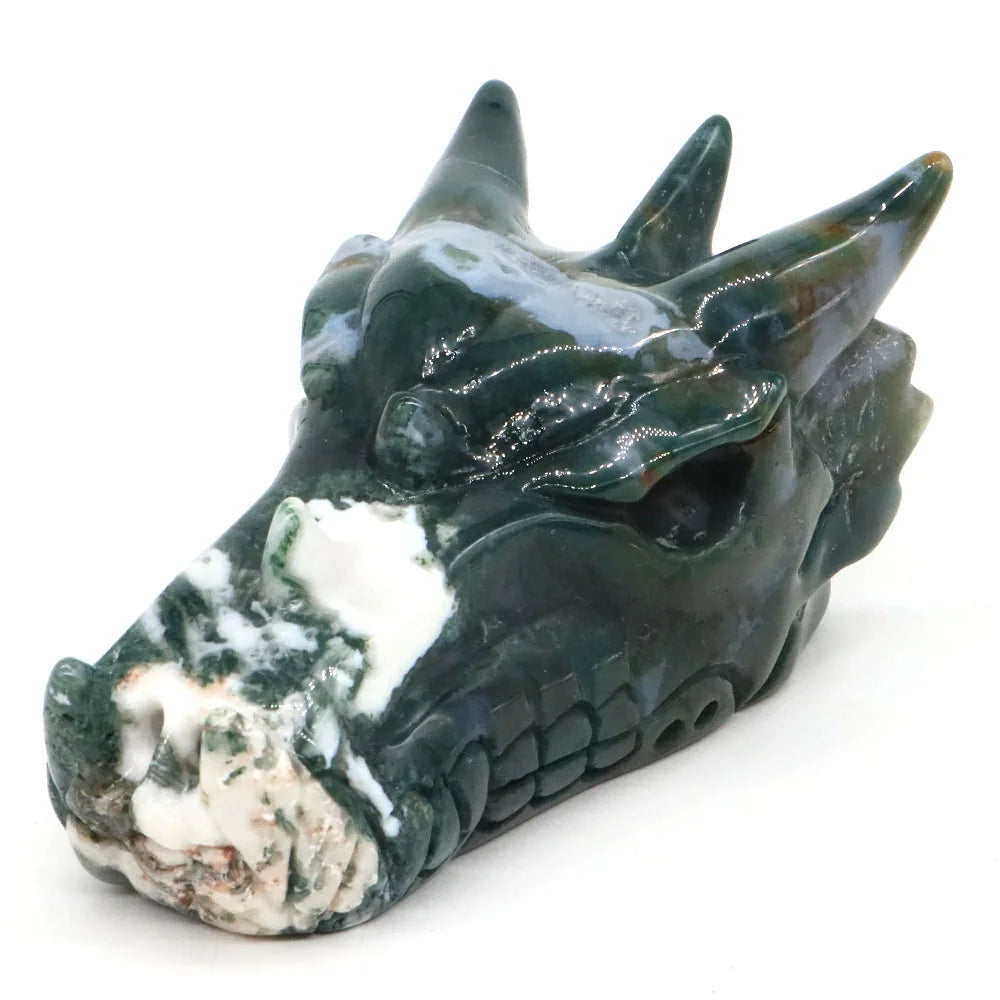 4.1" Dragon Head Statue Natural Stone Green Moss Agate Reiki Healing Crystal Hand Carved Gemstone Figurine Feng Shui Home Decor-ToShay.org