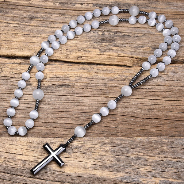 White Cats Eye Stone Rosary-ToShay.org