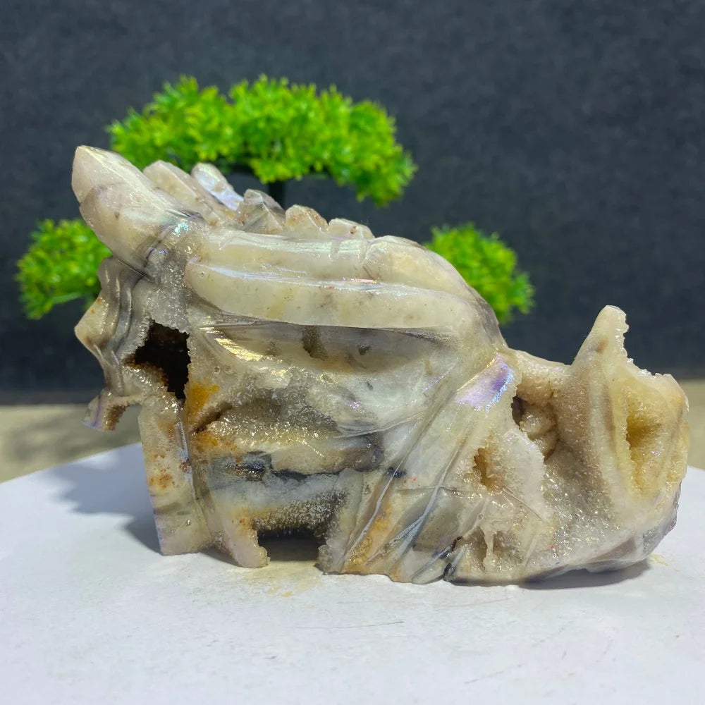 Natural Crystal Sphalerite Electroplate Quartz Dragon Head Skull Figurine Mineral Specimen Hand Engraving Room Decoration Gift-ToShay.org