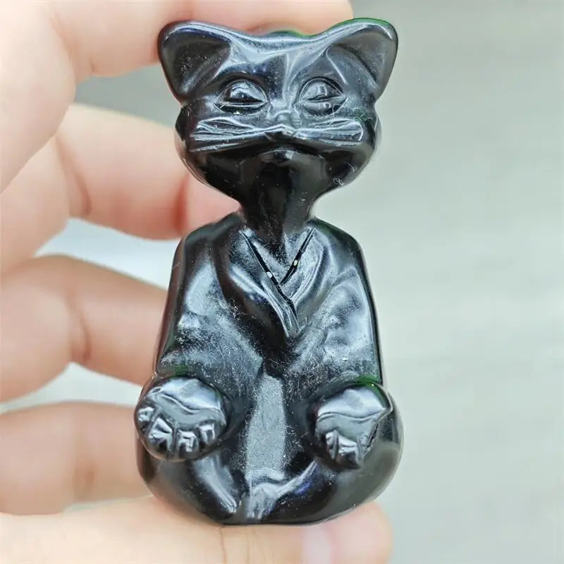 Natural Black Obsidian Yoga Master Cat Carving Healing Reiki Women Gemstone Jewellry Pendant Gift 1PCS-ToShay.org