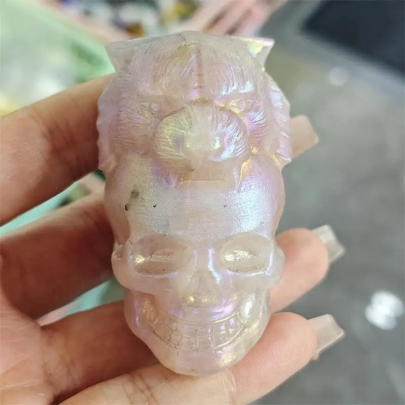 Natural Aura Rose Quartz Tiger And Skull Carving Crystal Crafts Children Birthday Present Fashion Home Decoration Gift 1PCS-ToShay.org