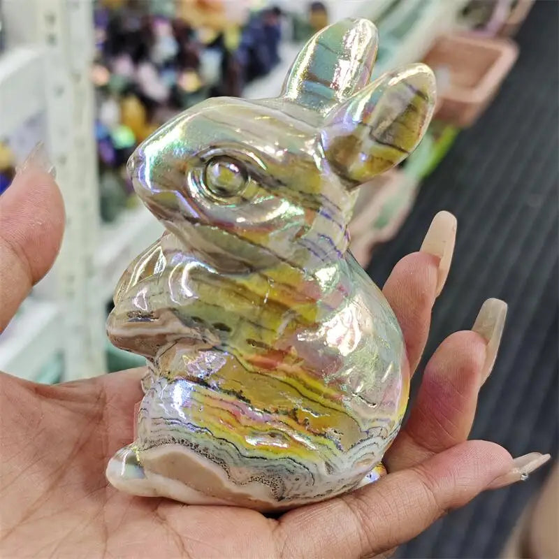 Natural Aura Calcite Quartz Rabbit Carving Healing Stone Tabletop Ornament Home Decor Children Holiday Gift 1PCS-ToShay.org