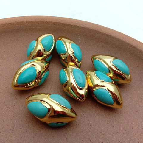 5pcs 19x32mm Olivary blue Turquoise Beads Gold Plated Beads Spacer Jewelry Making Findings-ToShay.org