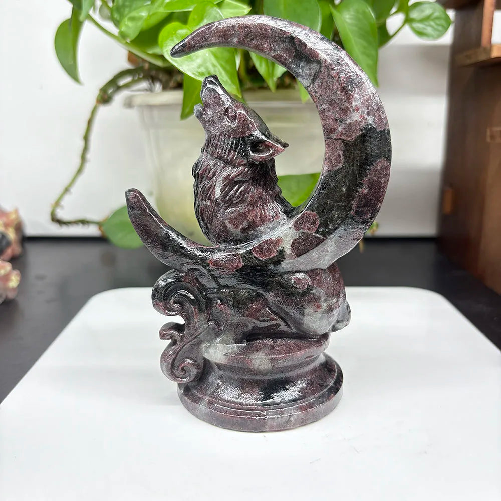 Custom Natural Garnet Howling Wolf Figurine - 13cm Hand-Carved Gemstone Crescent Moon Wolf Statue Healing Crystal Decor-ToShay.org