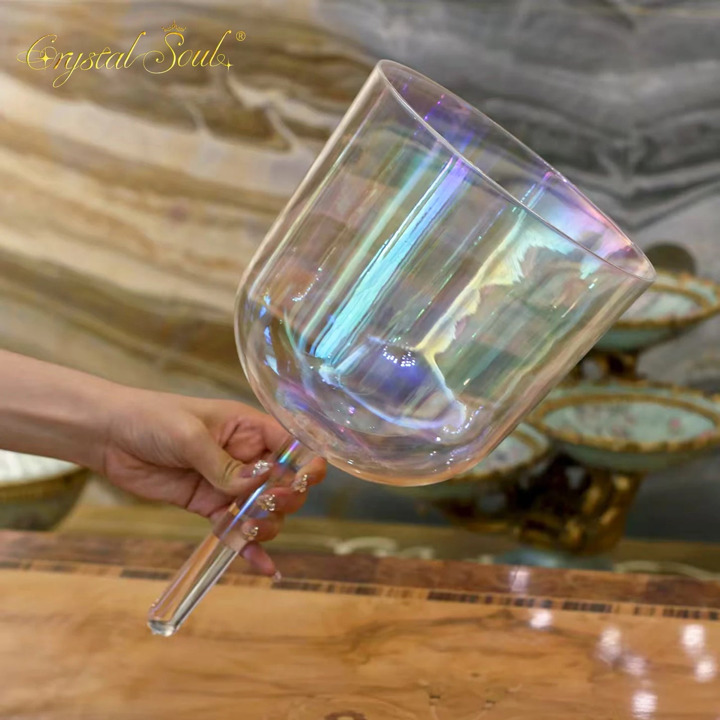 Clear Aurora Handle Singing Chalice-ToShay.org