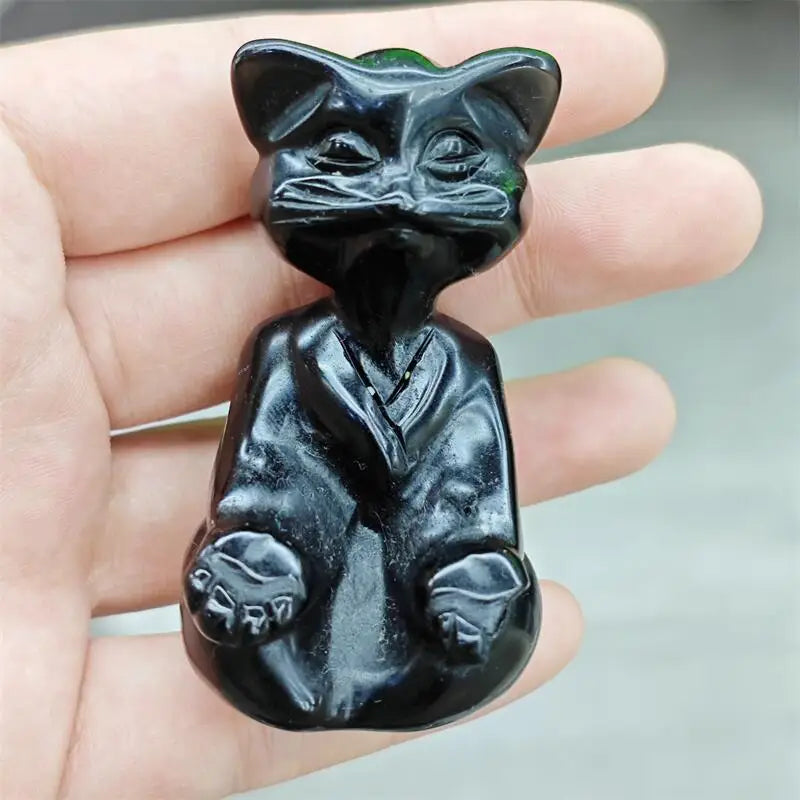 Natural Black Obsidian Yoga Master Cat Carving Healing Reiki Women Gemstone Jewellry Pendant Gift 1PCS-ToShay.org