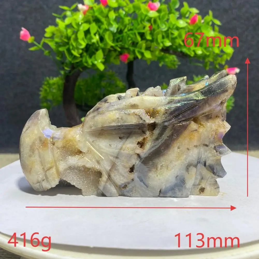 Natural Crystal Sphalerite Electroplate Quartz Dragon Head Skull Figurine Mineral Specimen Hand Engraving Room Decoration Gift-ToShay.org